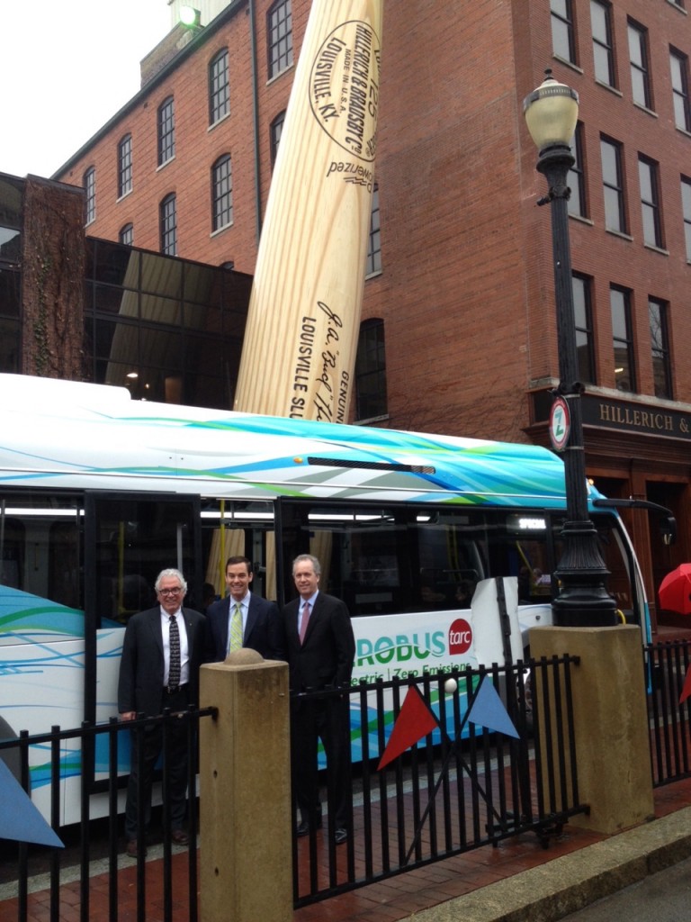 Barry Barker, TARC, Ryan Popple, Proterra, and Louisville Mayor Greg Fischer, join TARC for their All-Electric ZeroBus fleet launch at the Slugger Museum in downtown Louisville.